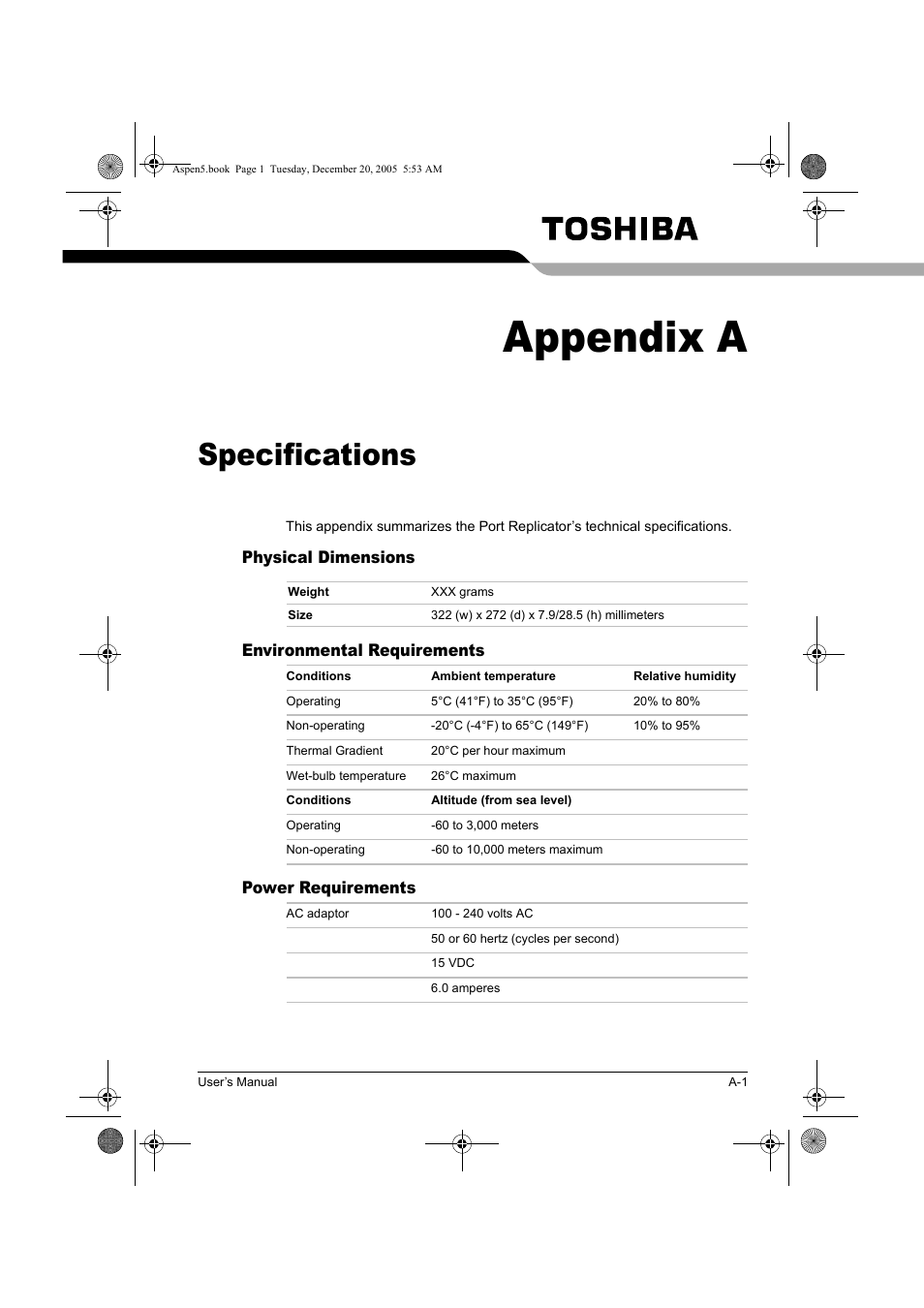 Appendix a, Specifications | Toshiba Express Port Replicator User Manual | Page 35 / 280