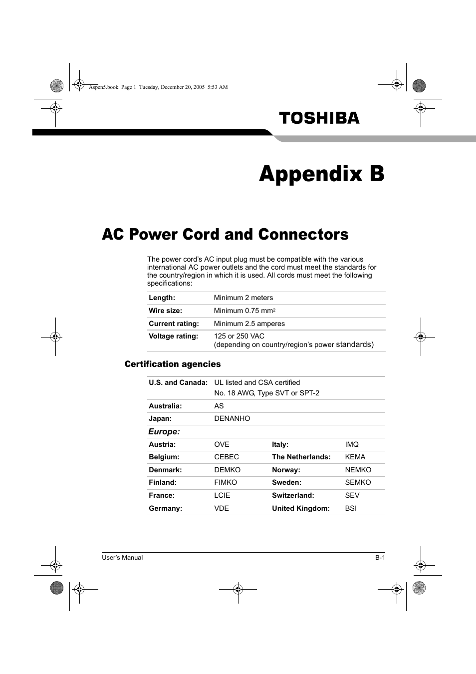 Appendix b, Ac power cord and connectors | Toshiba Express Port Replicator User Manual | Page 37 / 280