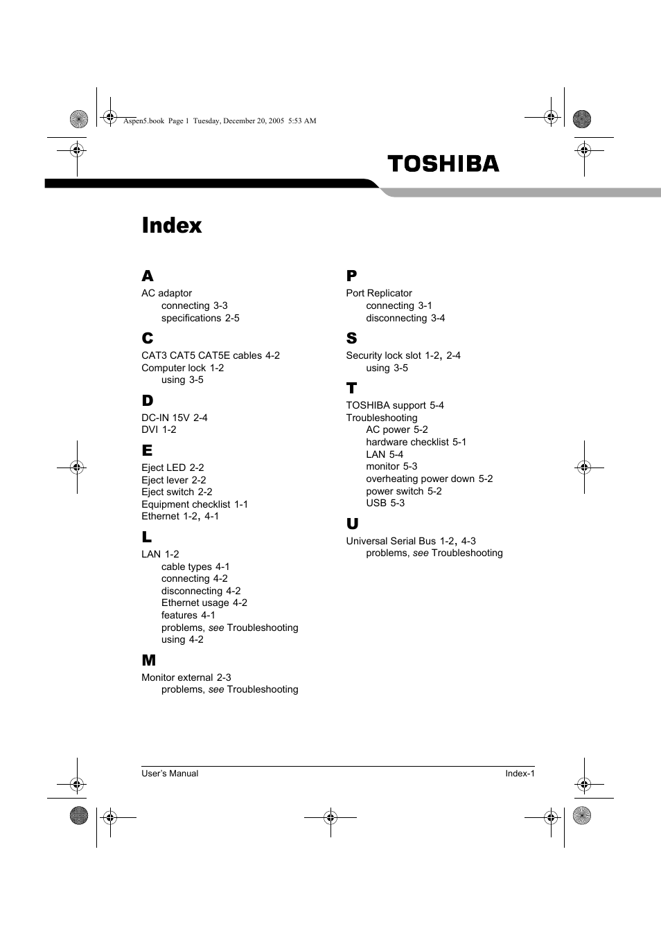 Index | Toshiba Express Port Replicator User Manual | Page 39 / 280