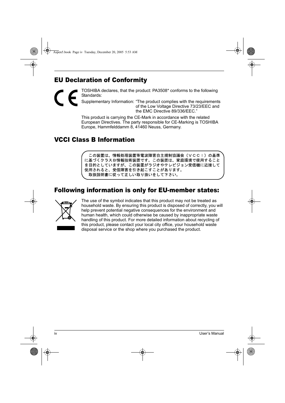Eu declaration of conformity | Toshiba Express Port Replicator User Manual | Page 4 / 280