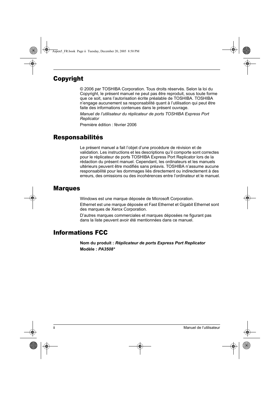 Copyright, Responsabilités, Marques | Informations fcc | Toshiba Express Port Replicator User Manual | Page 42 / 280