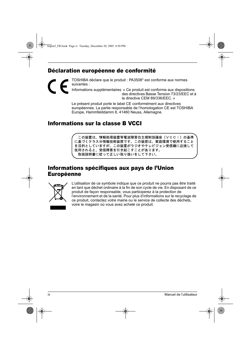 Déclaration européenne de conformité | Toshiba Express Port Replicator User Manual | Page 44 / 280