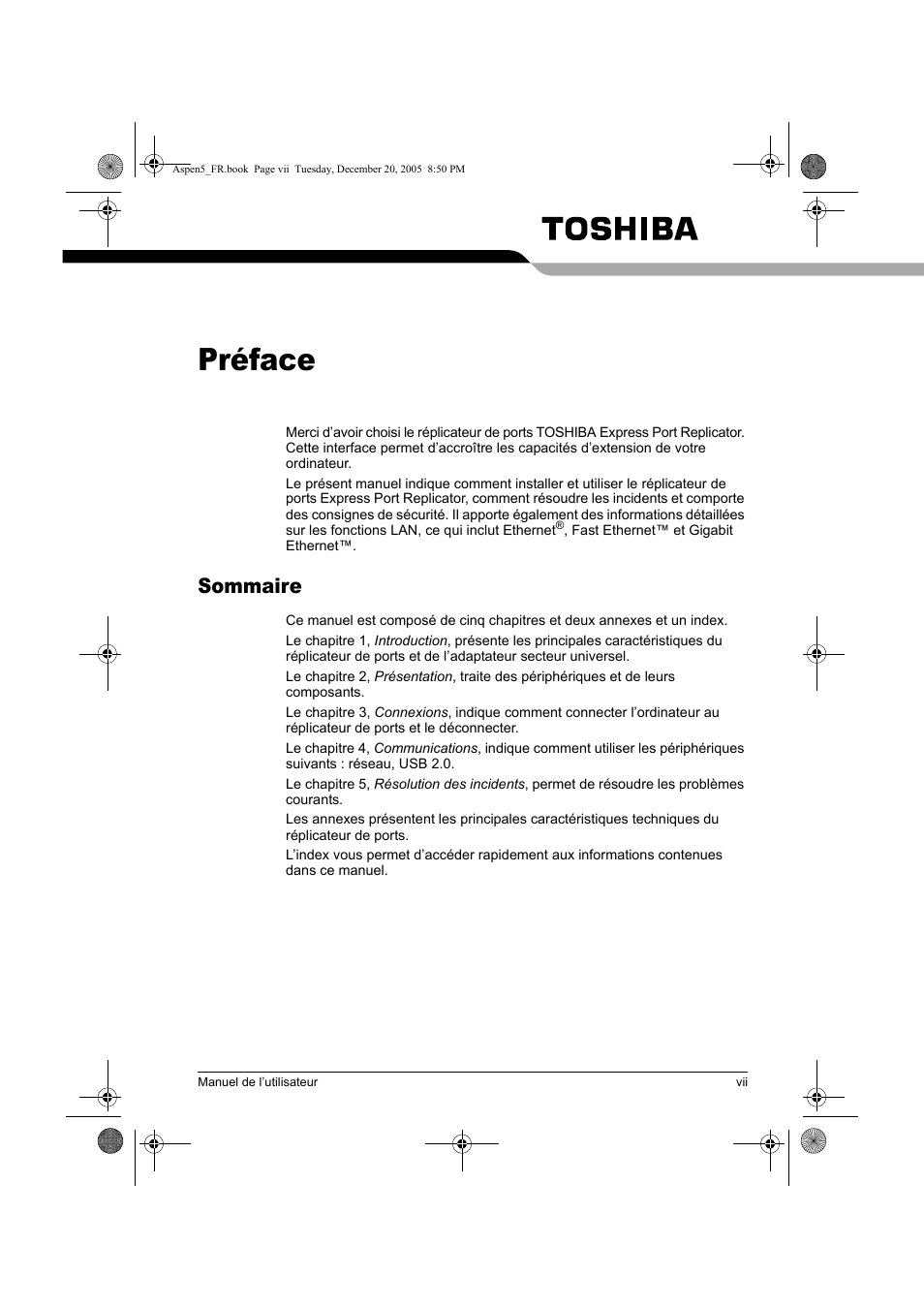 Préface, Sommaire | Toshiba Express Port Replicator User Manual | Page 47 / 280