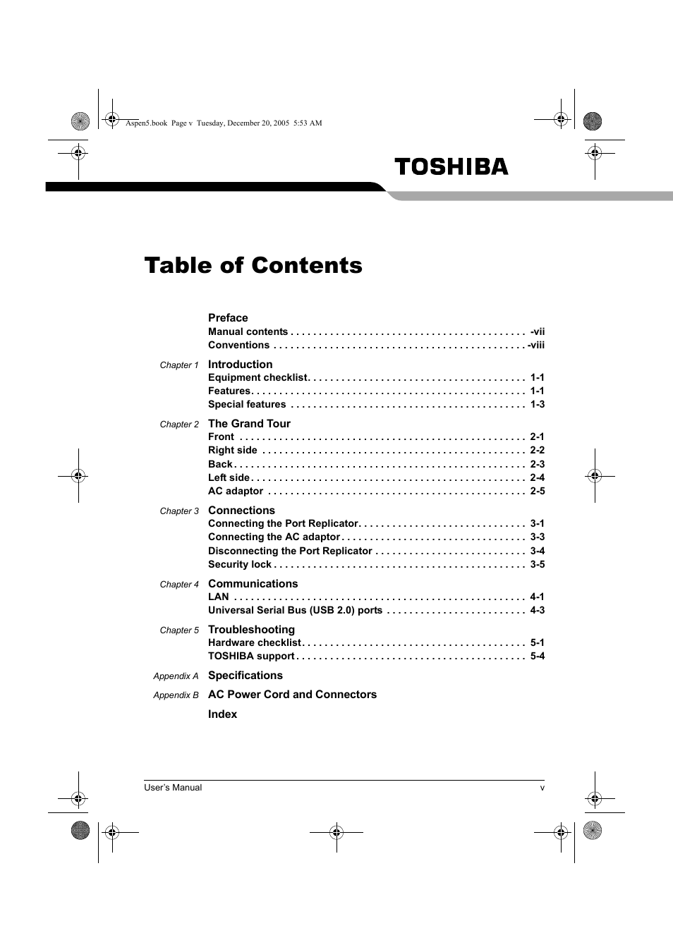 Toshiba Express Port Replicator User Manual | Page 5 / 280