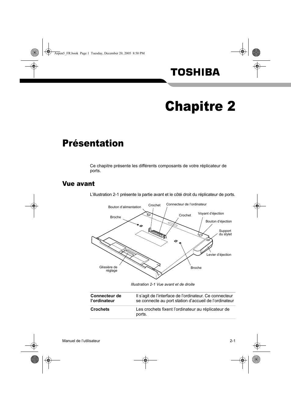 Chapitre 2, Présentation, Vue avant | Toshiba Express Port Replicator User Manual | Page 53 / 280