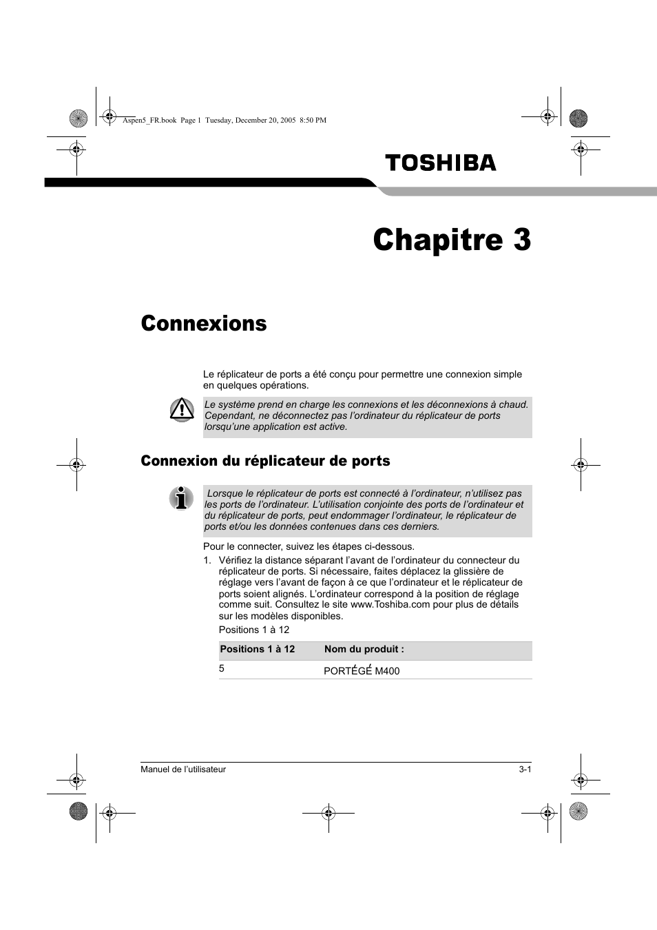 Chapitre 3, Connexions, Connexion du réplicateur de ports | Toshiba Express Port Replicator User Manual | Page 59 / 280