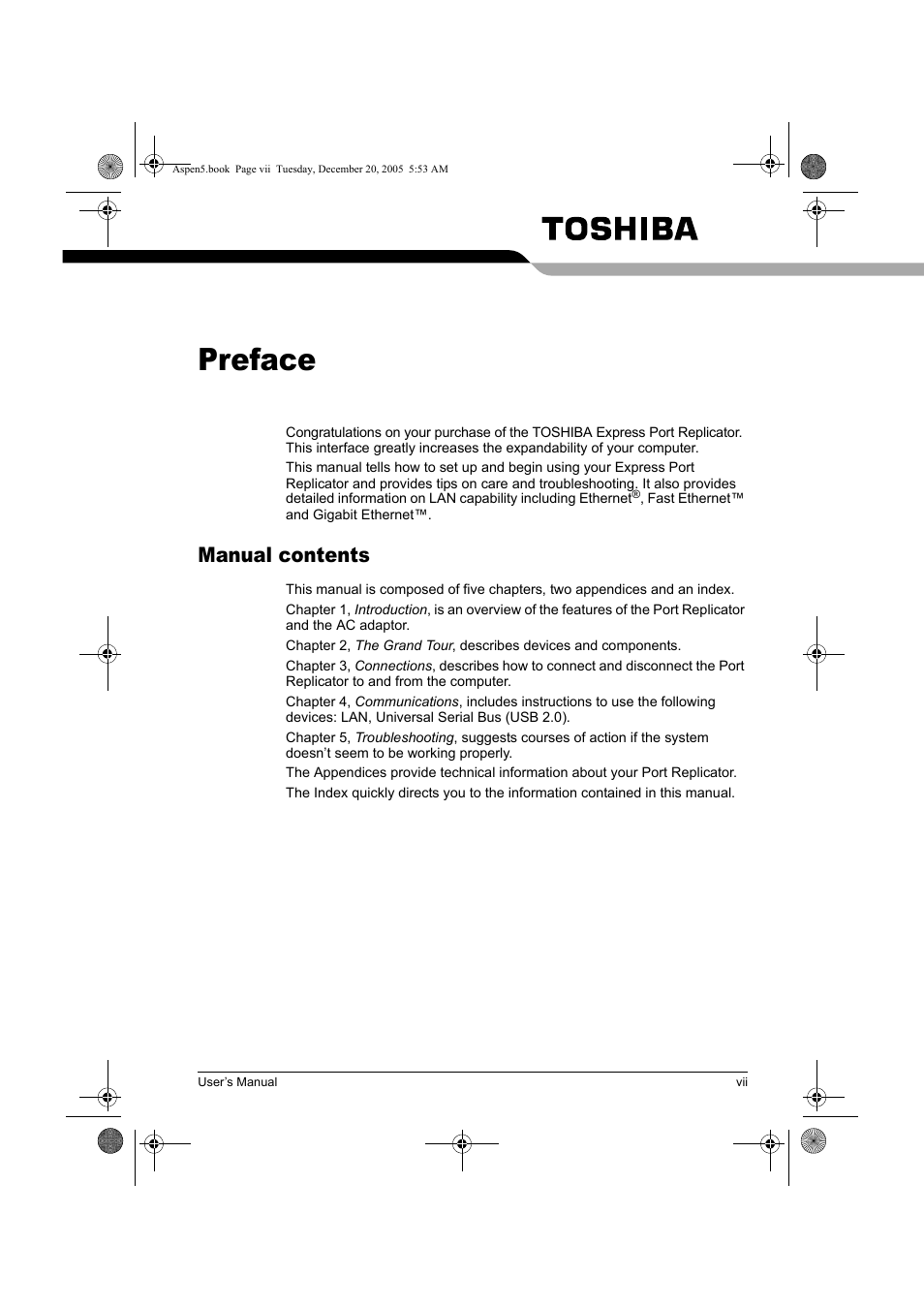 Preface, Manual contents | Toshiba Express Port Replicator User Manual | Page 7 / 280