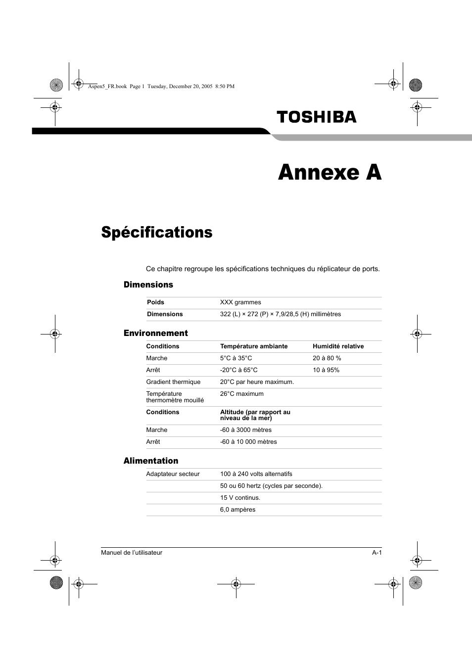 Annexe a, Spécifications | Toshiba Express Port Replicator User Manual | Page 75 / 280