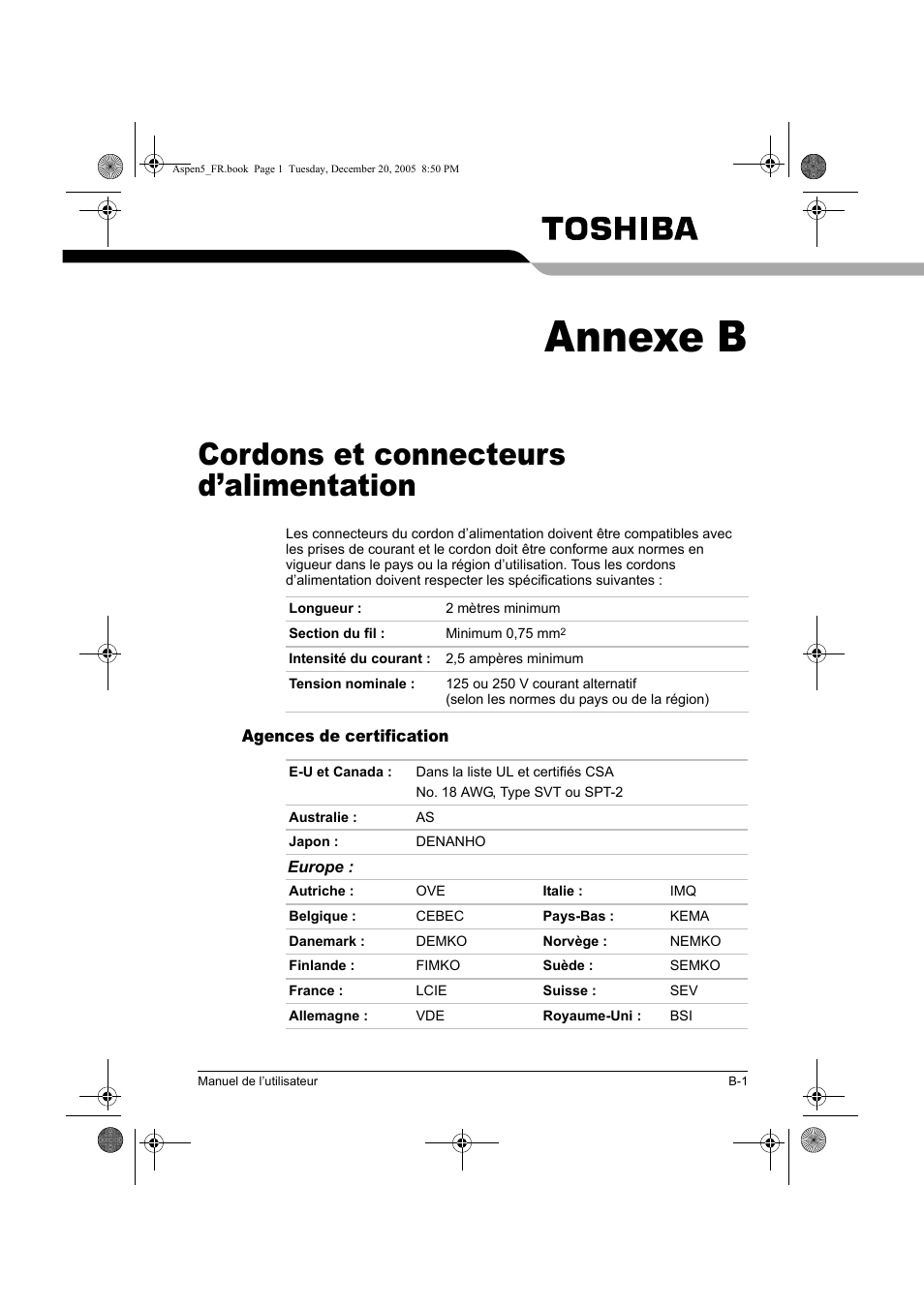 Annexe b, Cordons et connecteurs d’alimentation | Toshiba Express Port Replicator User Manual | Page 77 / 280