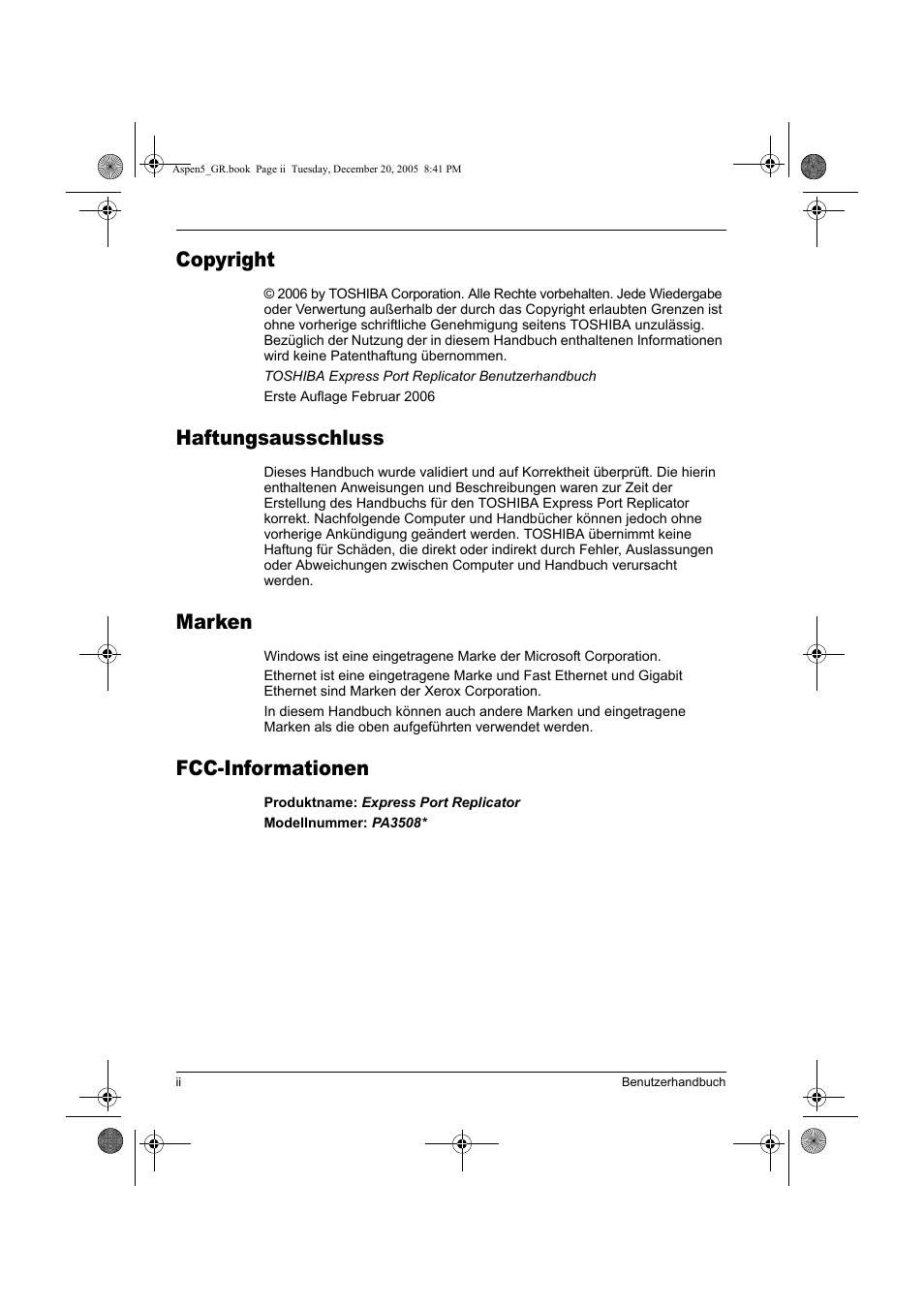 Copyright, Haftungsausschluss, Marken | Fcc-informationen | Toshiba Express Port Replicator User Manual | Page 82 / 280
