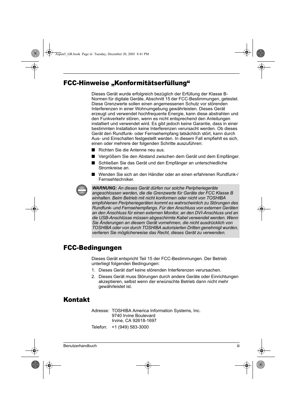 Fcc-hinweise „konformitätserfüllung, Fcc-bedingungen, Kontakt | Toshiba Express Port Replicator User Manual | Page 83 / 280