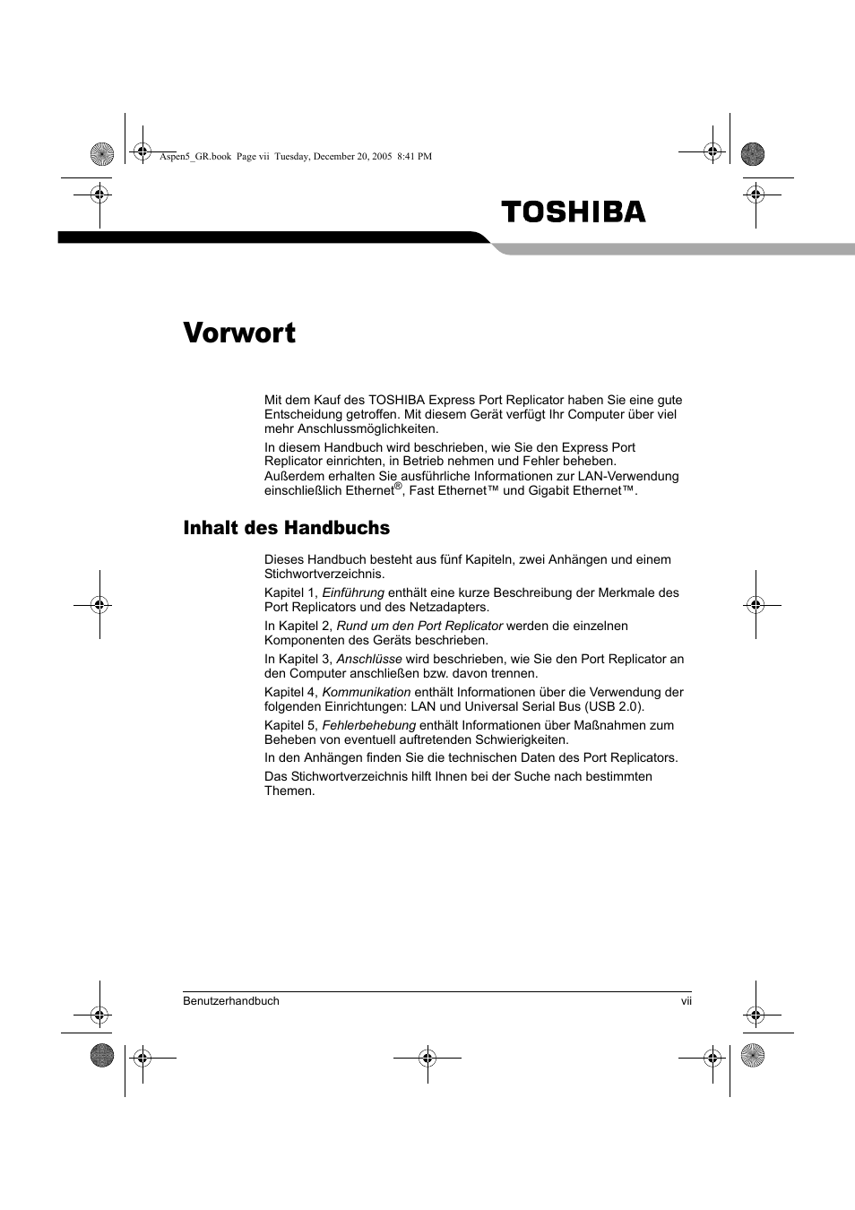 Vorwort, Inhalt des handbuchs | Toshiba Express Port Replicator User Manual | Page 87 / 280