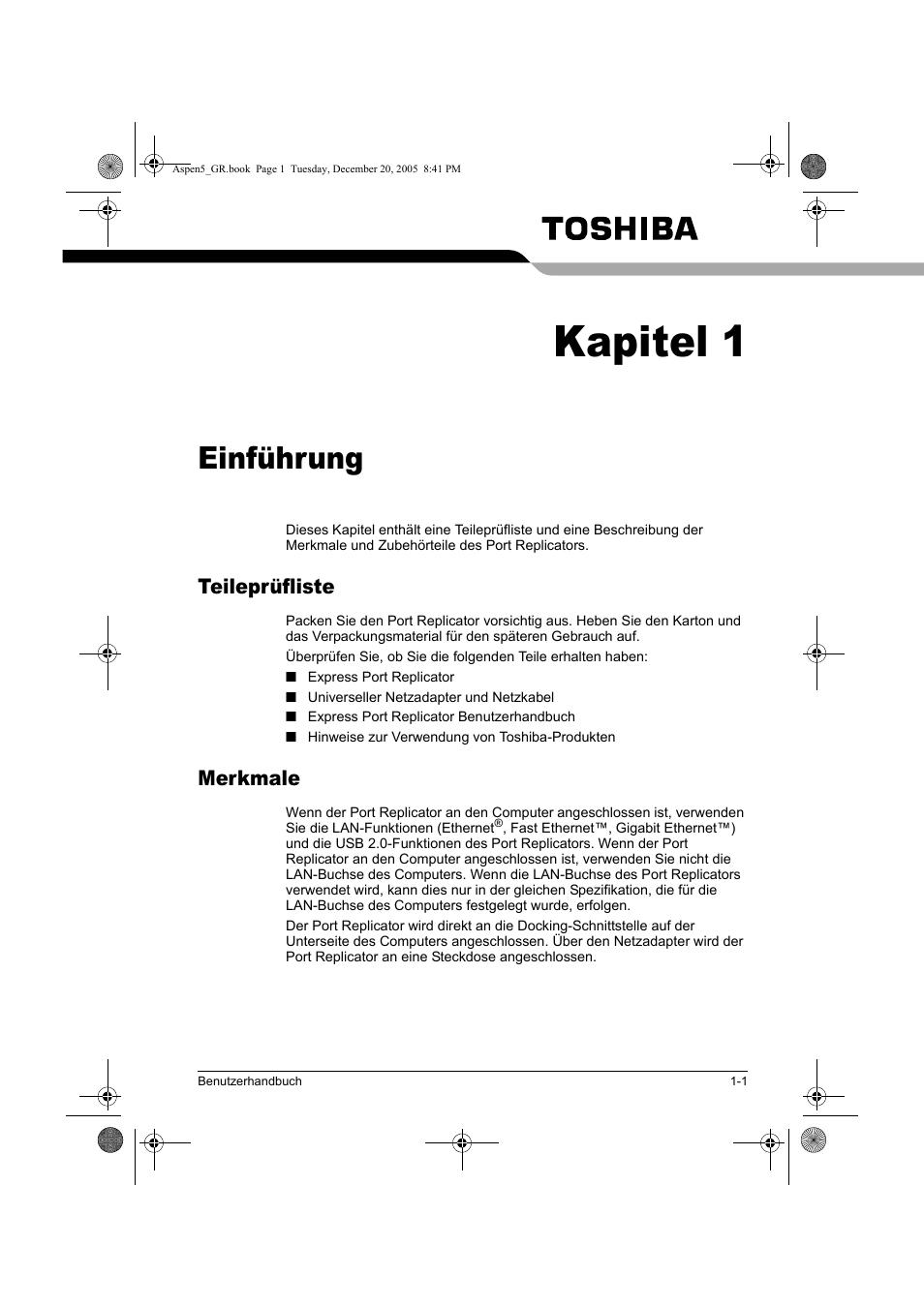 Kapitel 1, Einführung, Teileprüfliste | Merkmale | Toshiba Express Port Replicator User Manual | Page 89 / 280