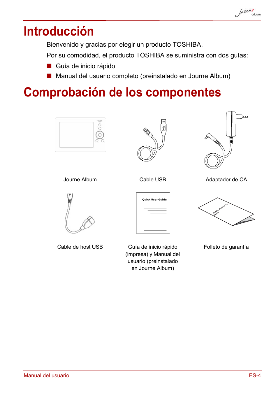 Introducción, Comprobación de los componentes, Introducción comprobación de los componentes | Toshiba JournE album User Manual | Page 101 / 354