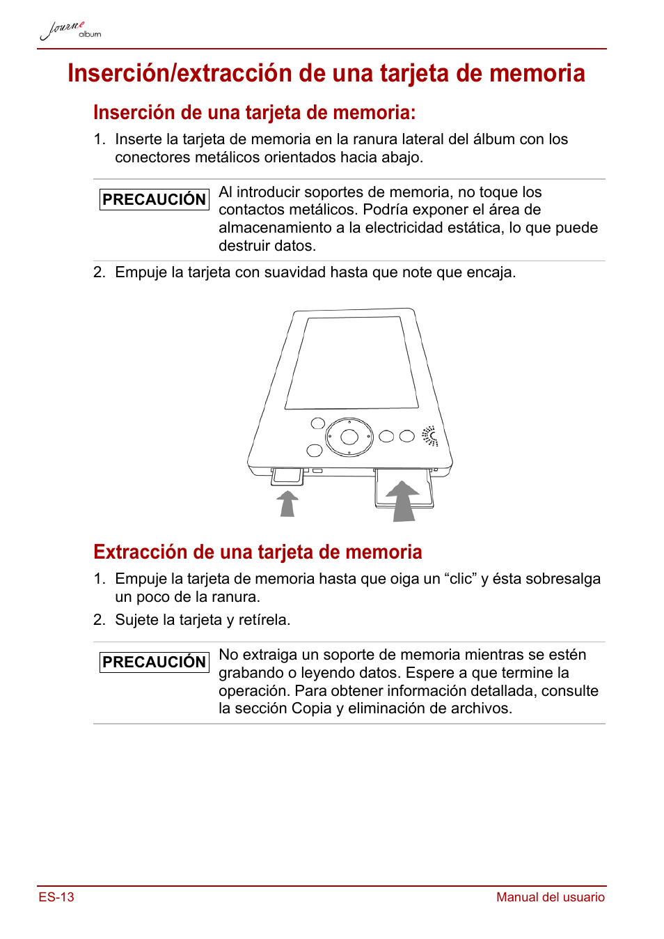 Inserción/extracción de una tarjeta de memoria, Inserción de una tarjeta de memoria, Extracción de una tarjeta de memoria | Toshiba JournE album User Manual | Page 110 / 354