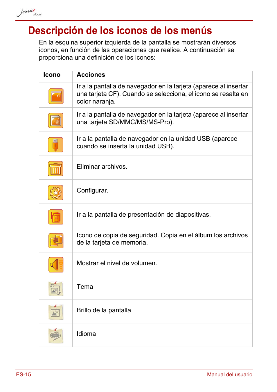 Descripción de los iconos de los menús | Toshiba JournE album User Manual | Page 112 / 354