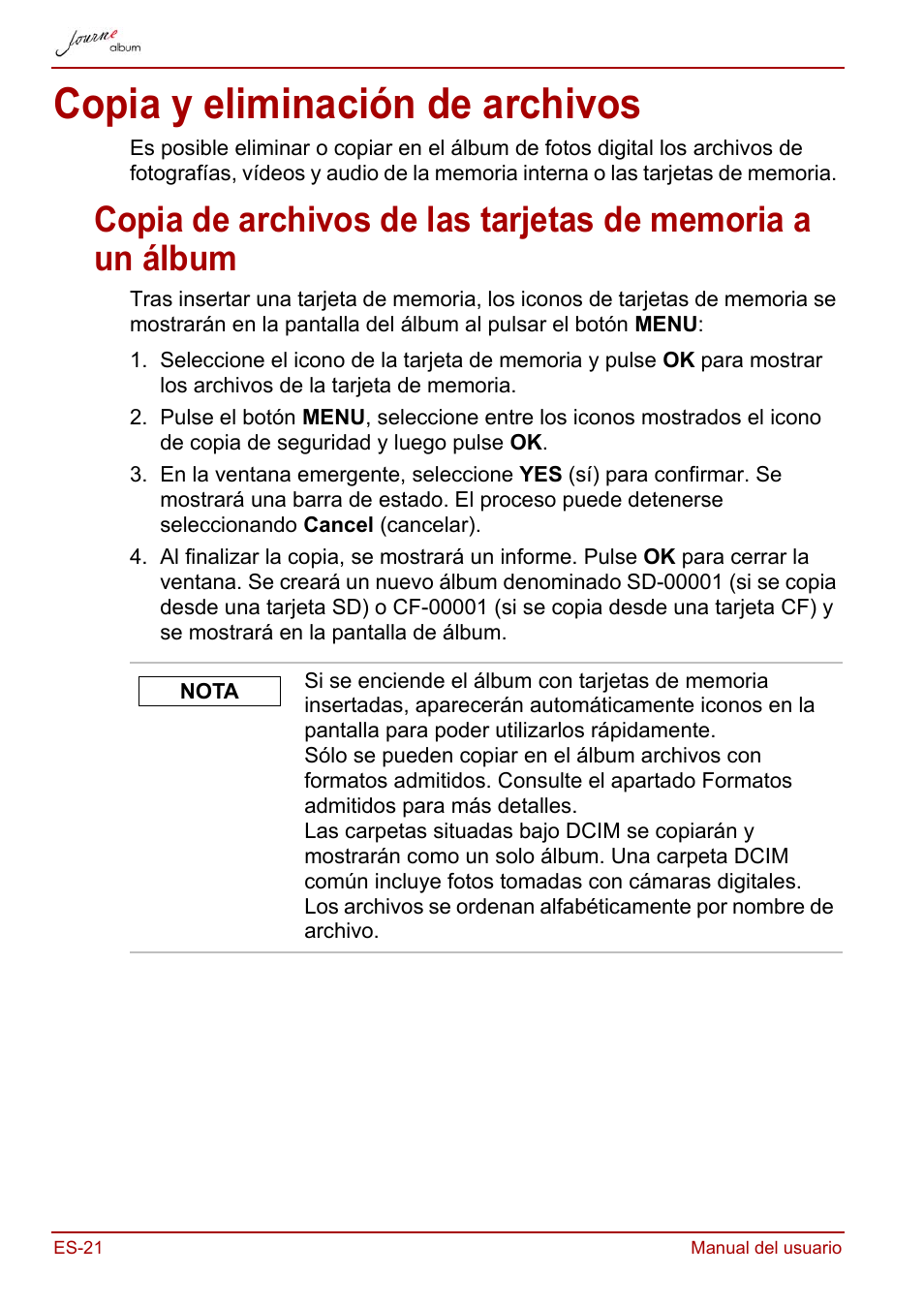 Copia y eliminación de archivos | Toshiba JournE album User Manual | Page 118 / 354