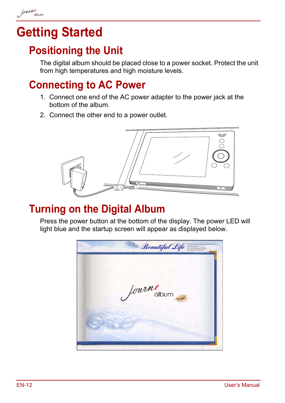 Getting started, Positioning the unit, Connecting to ac power | Turning on the digital album | Toshiba JournE album User Manual | Page 12 / 354