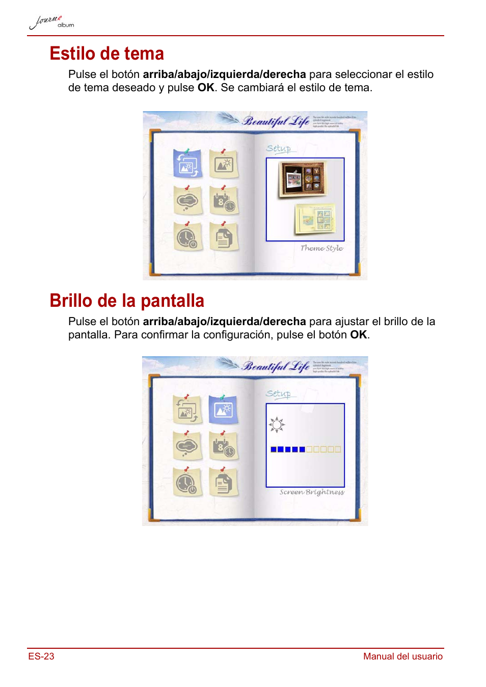 Estilo de tema, Brillo de la pantalla, Estilo de tema brillo de la pantalla | Toshiba JournE album User Manual | Page 120 / 354