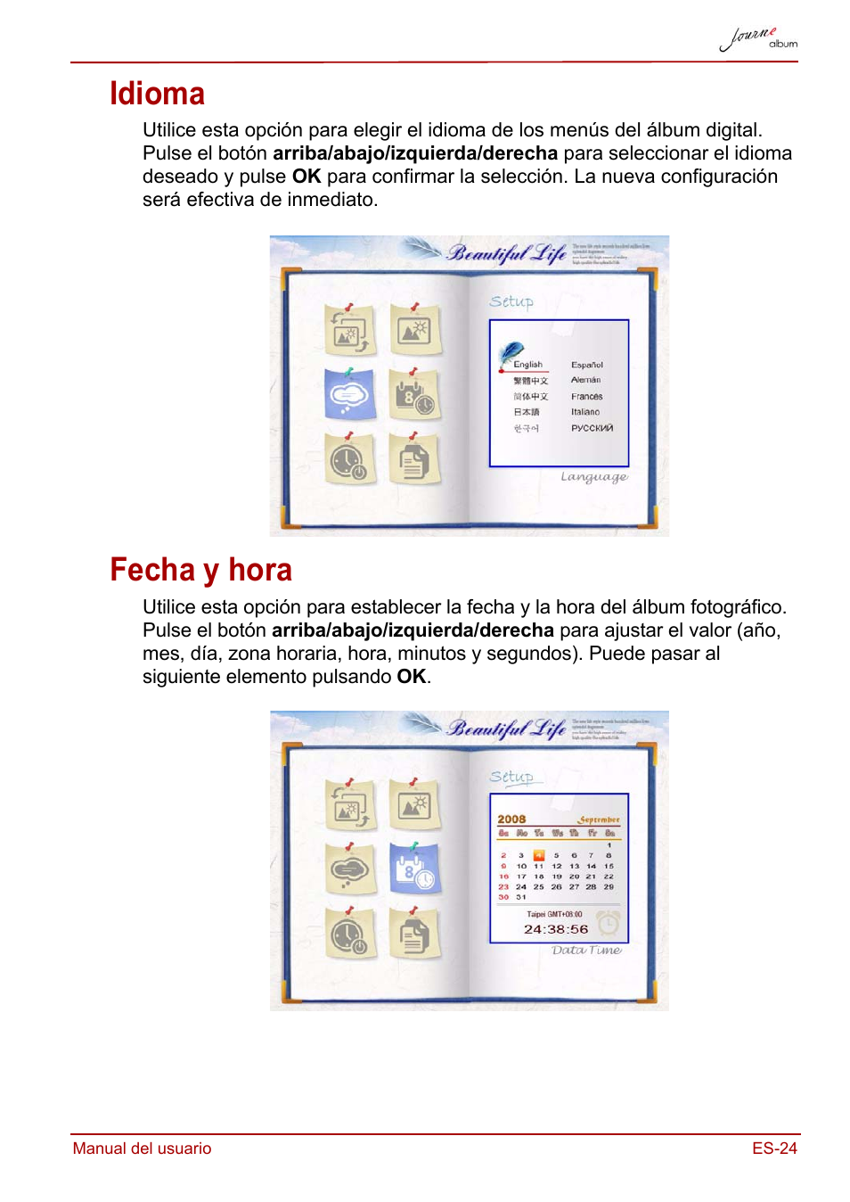 Idioma, Fecha y hora, Idioma fecha y hora | Toshiba JournE album User Manual | Page 121 / 354