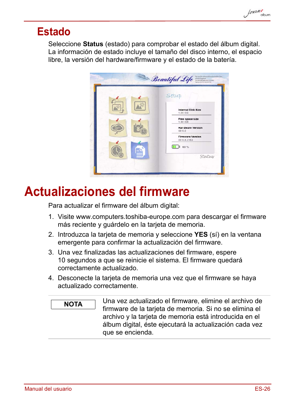 Estado, Actualizaciones del firmware | Toshiba JournE album User Manual | Page 123 / 354