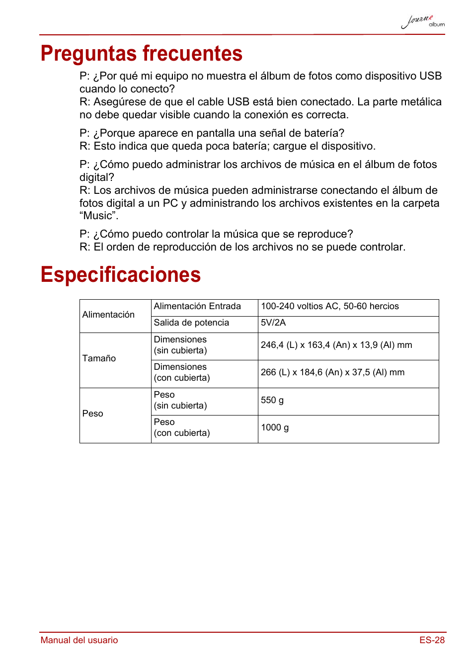 Preguntas frecuentes, Especificaciones, Preguntas frecuentes especificaciones | Toshiba JournE album User Manual | Page 125 / 354