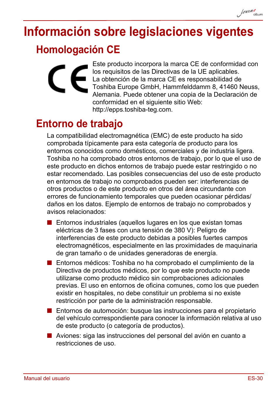 Información sobre legislaciones vigentes, Homologación ce, Entorno de trabajo | Homologación ce entorno de trabajo | Toshiba JournE album User Manual | Page 127 / 354