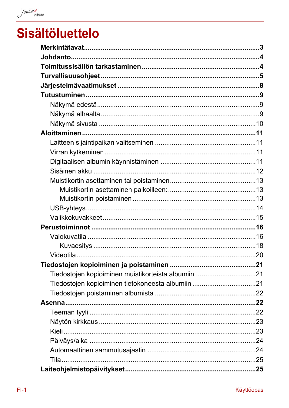 Käyttöopas, Sisältöluettelo | Toshiba JournE album User Manual | Page 130 / 354