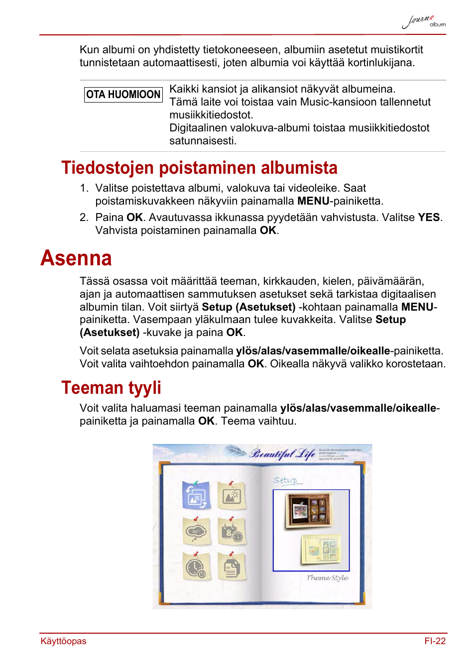 Tiedostojen poistaminen albumista, Asenna, Teeman tyyli | Toshiba JournE album User Manual | Page 151 / 354