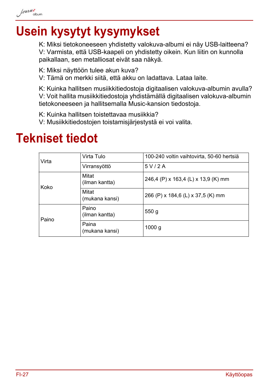 Usein kysytyt kysymykset, Tekniset tiedot, Usein kysytyt kysymykset tekniset tiedot | Toshiba JournE album User Manual | Page 156 / 354