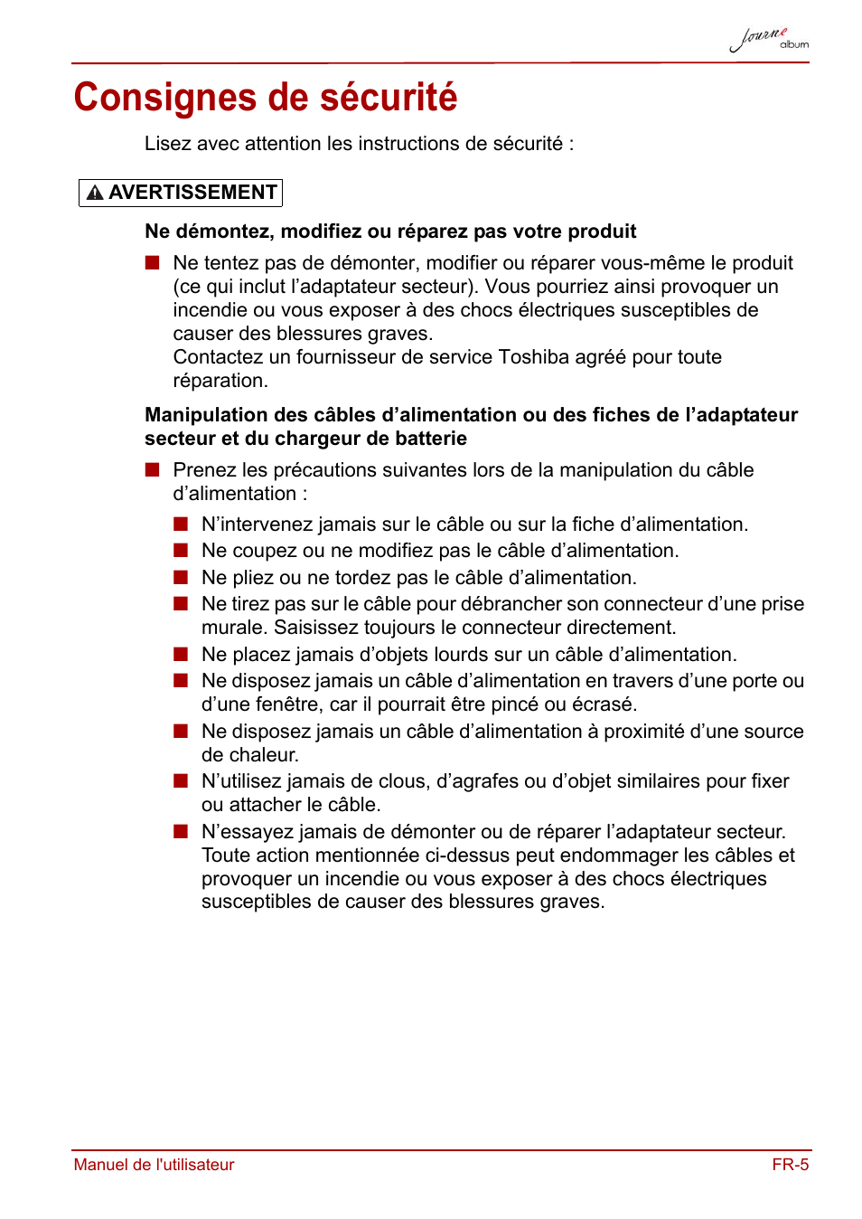 Consignes de sécurité | Toshiba JournE album User Manual | Page 165 / 354