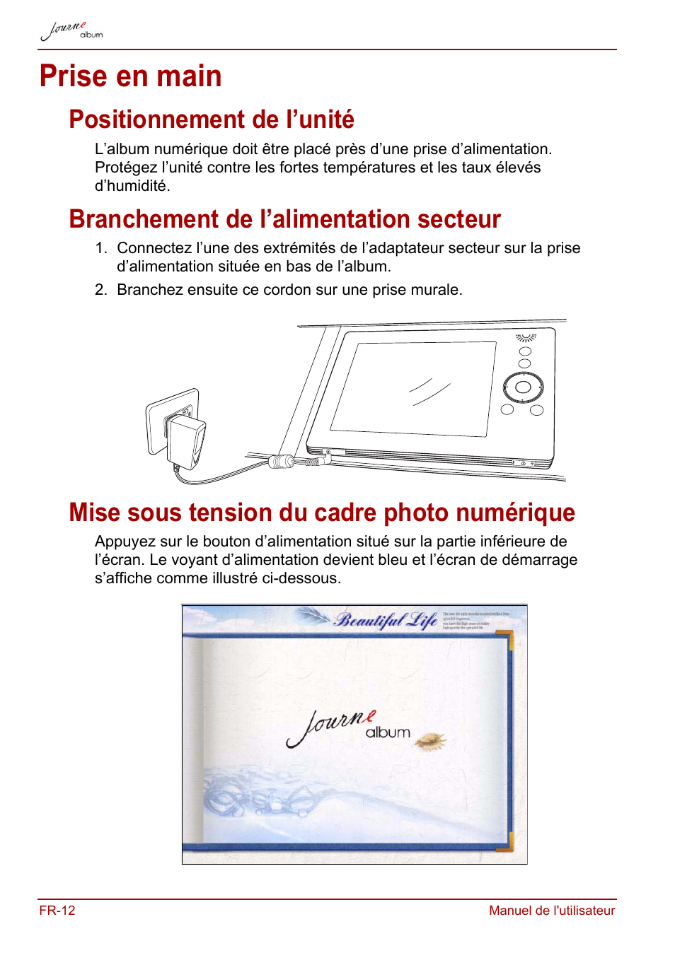 Prise en main, Positionnement de l’unité, Branchement de l’alimentation secteur | Mise sous tension du cadre photo numérique | Toshiba JournE album User Manual | Page 172 / 354