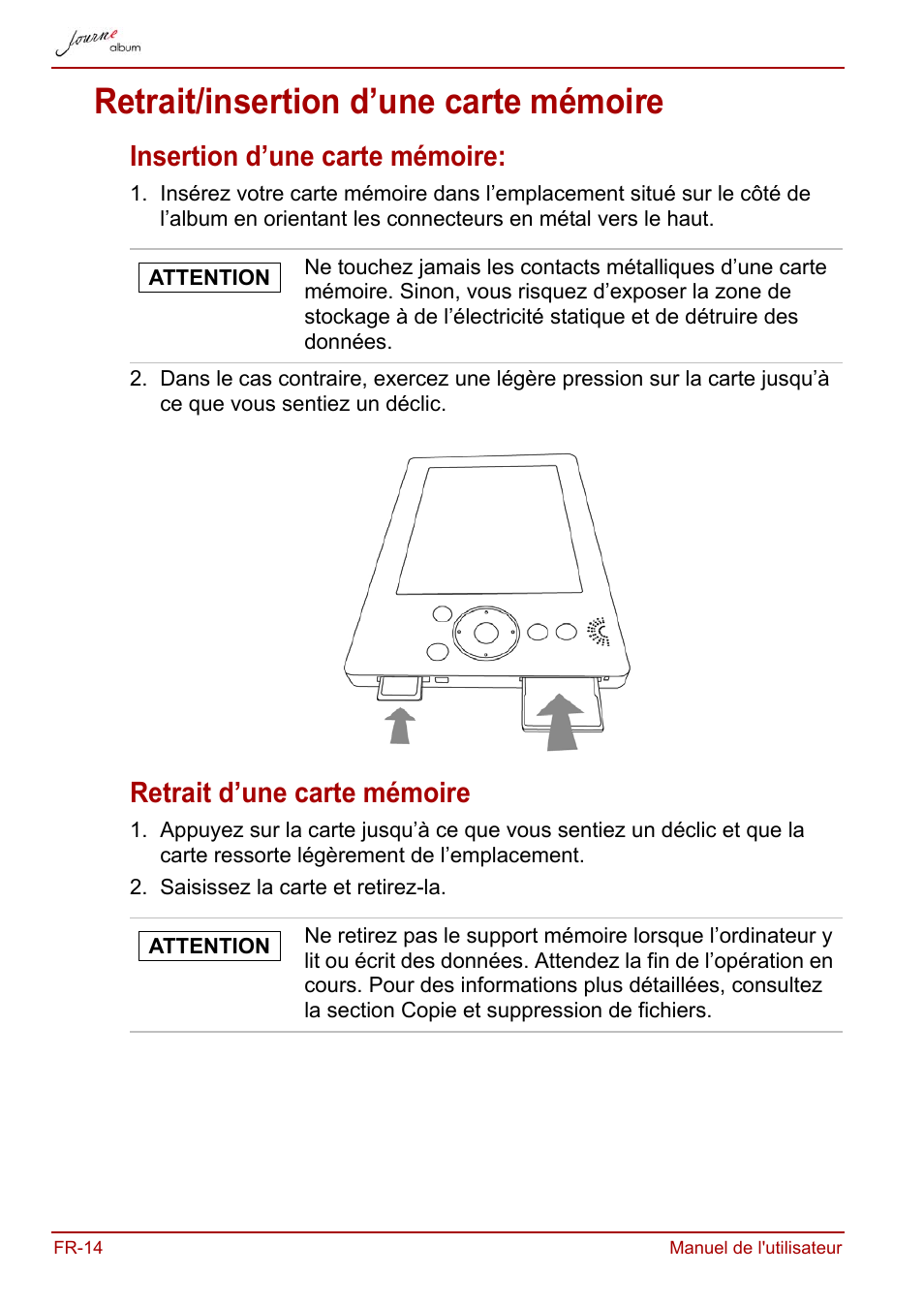 Retrait/insertion d’une carte mémoire, Insertion d’une carte mémoire, Retrait d’une carte mémoire | Toshiba JournE album User Manual | Page 174 / 354