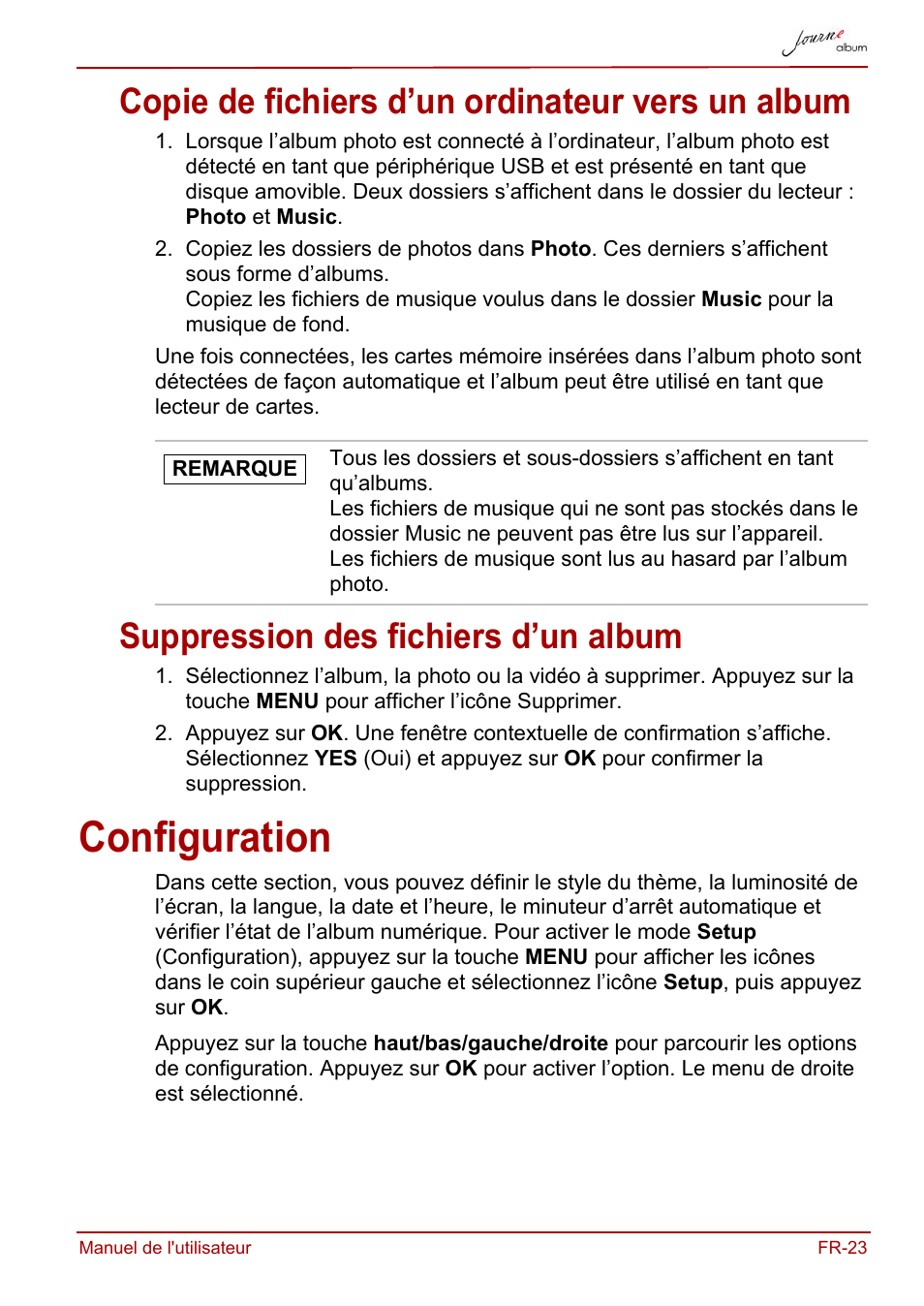 Copie de fichiers d’un ordinateur vers un album, Suppression des fichiers d’un album, Configuration | Toshiba JournE album User Manual | Page 183 / 354