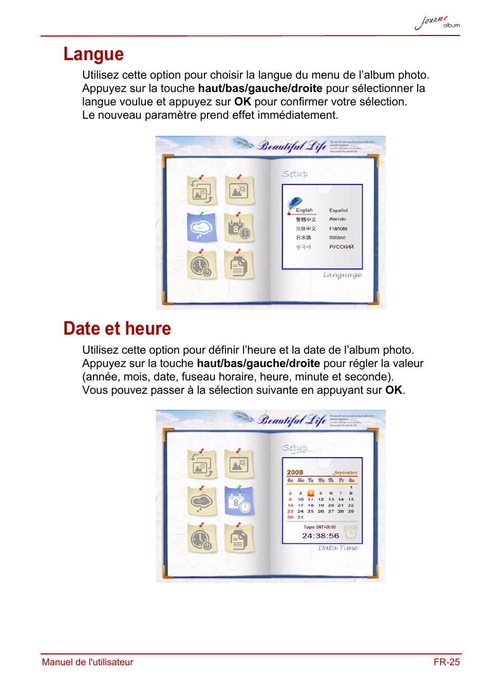 Langue, Date et heure, Langue date et heure | Toshiba JournE album User Manual | Page 185 / 354