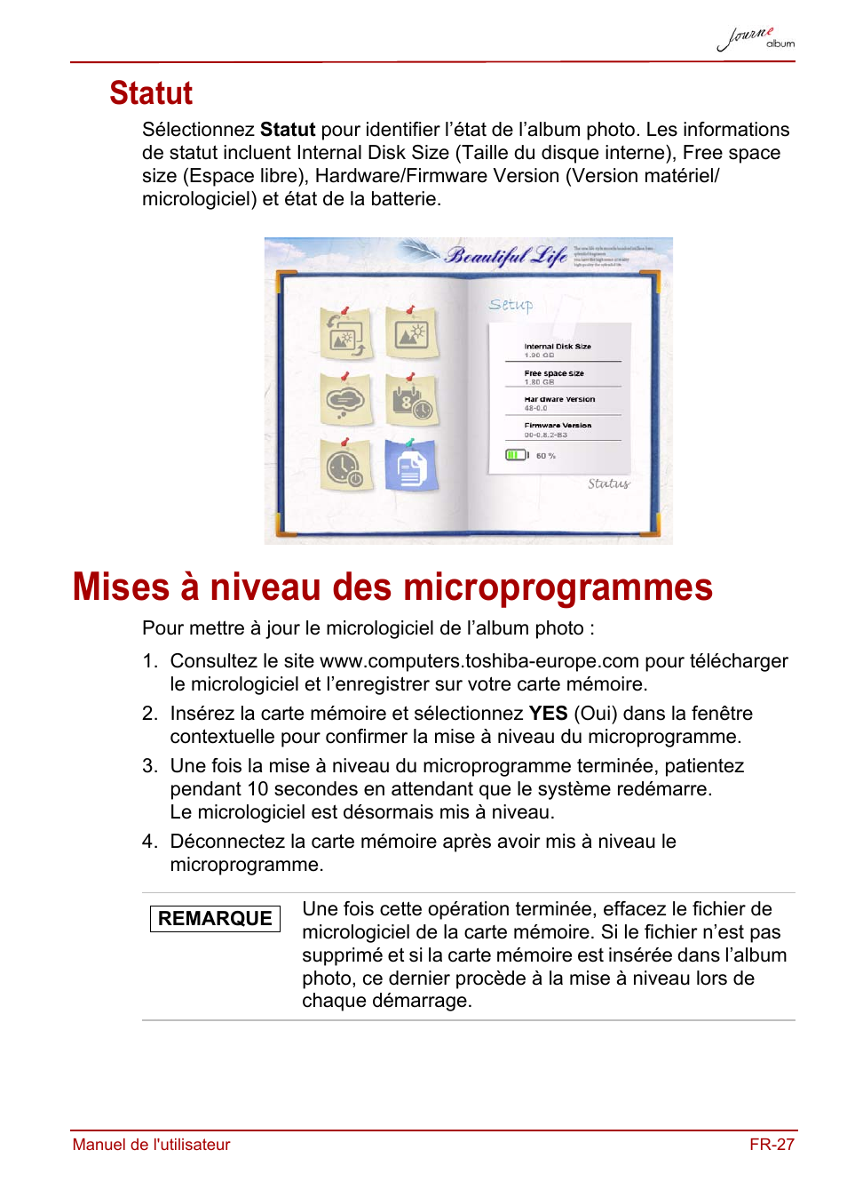 Statut, Mises à niveau des microprogrammes | Toshiba JournE album User Manual | Page 187 / 354