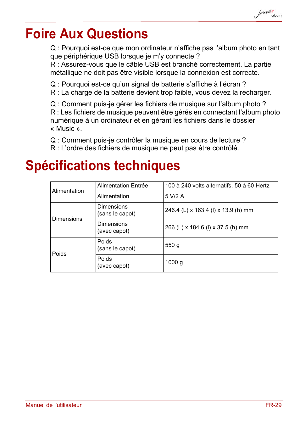 Foire aux questions, Spécifications techniques, Foire aux questions spécifications techniques | Toshiba JournE album User Manual | Page 189 / 354