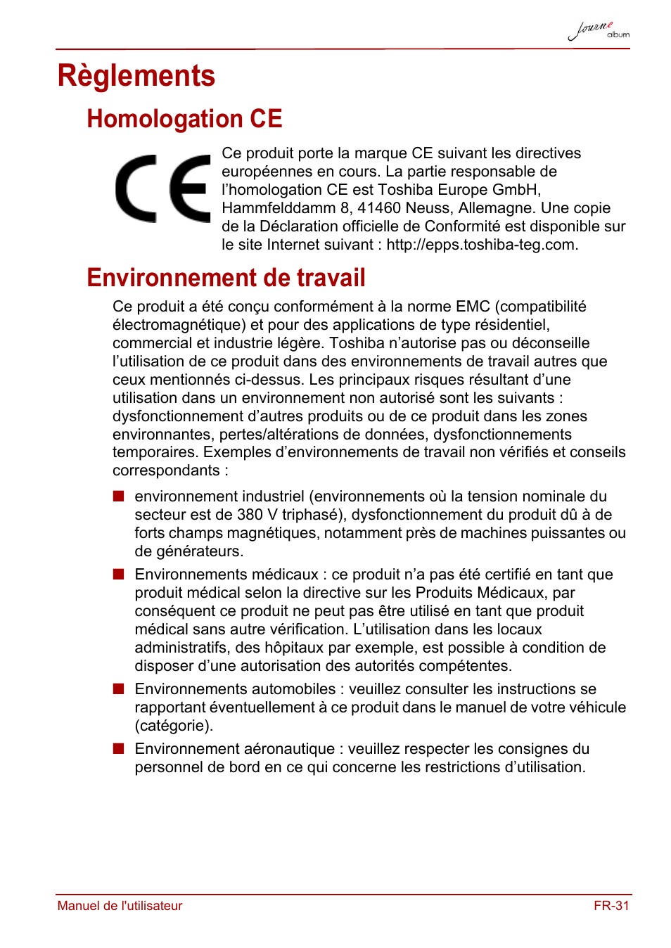 Règlements, Homologation ce, Environnement de travail | Homologation ce environnement de travail | Toshiba JournE album User Manual | Page 191 / 354