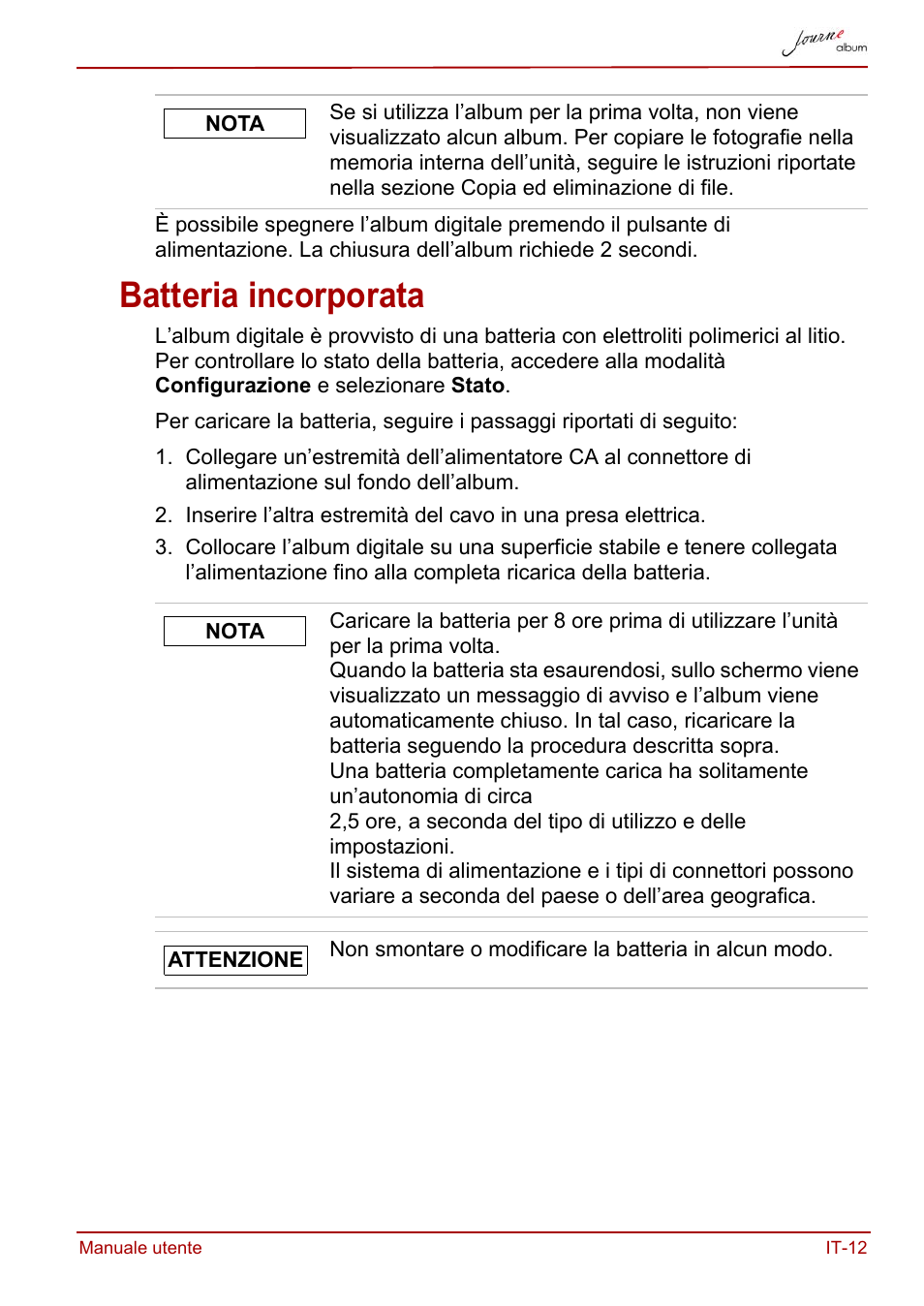 Batteria incorporata | Toshiba JournE album User Manual | Page 205 / 354