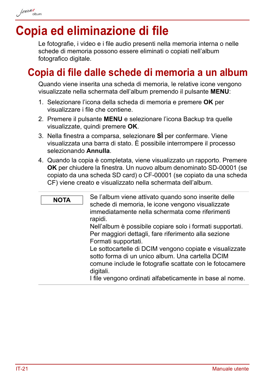 Copia ed eliminazione di file, Copia di file dalle schede di memoria a un album | Toshiba JournE album User Manual | Page 214 / 354