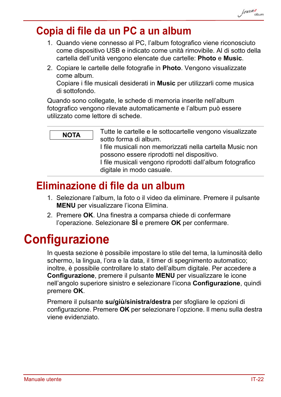 Copia di file da un pc a un album, Eliminazione di file da un album, Configurazione | Toshiba JournE album User Manual | Page 215 / 354