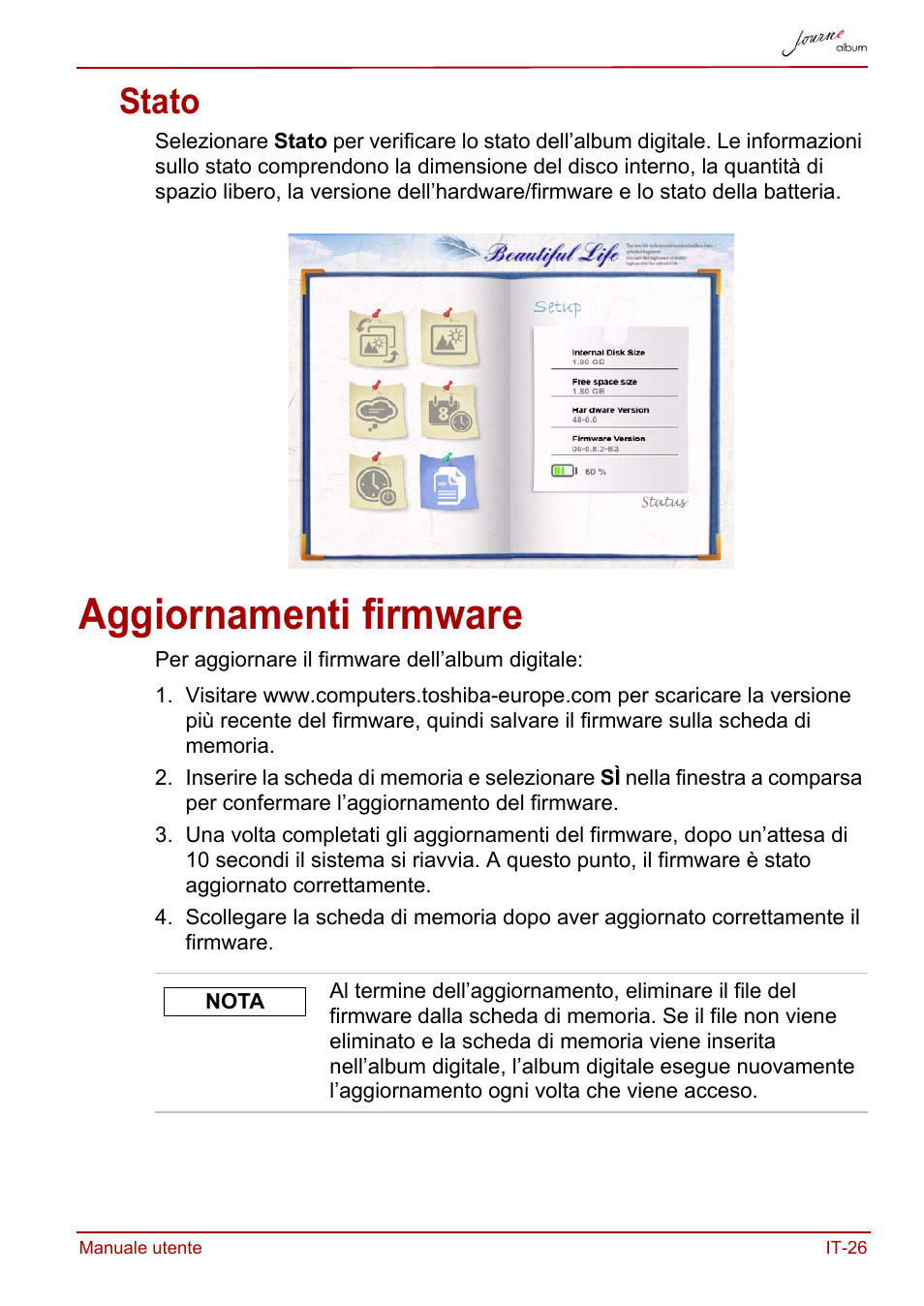 Stato, Aggiornamenti firmware | Toshiba JournE album User Manual | Page 219 / 354