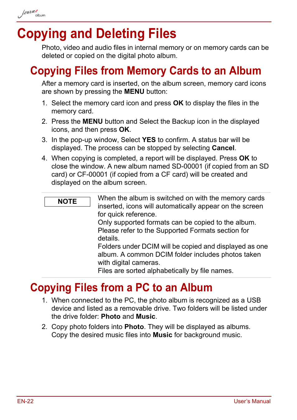 Copying and deleting files, Copying files from memory cards to an album, Copying files from a pc to an album | Toshiba JournE album User Manual | Page 22 / 354