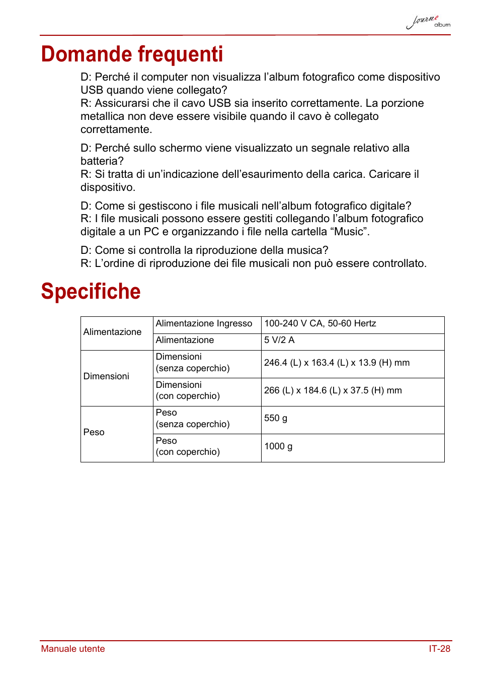 Domande frequenti, Specifiche, Domande frequenti specifiche | Toshiba JournE album User Manual | Page 221 / 354