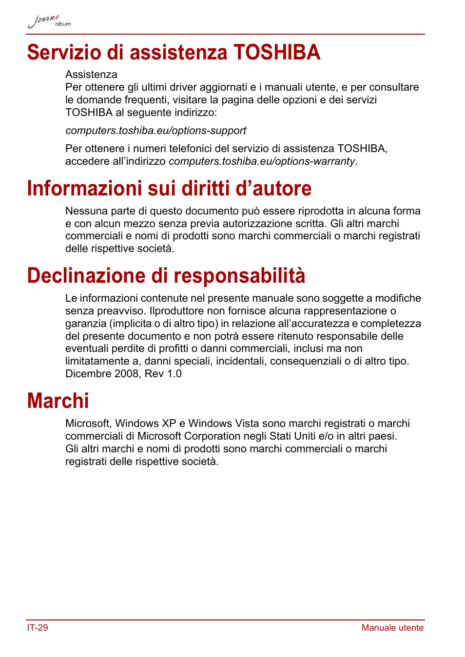 Servizio di assistenza toshiba, Informazioni sui diritti d’autore, Declinazione di responsabilità | Marchi | Toshiba JournE album User Manual | Page 222 / 354