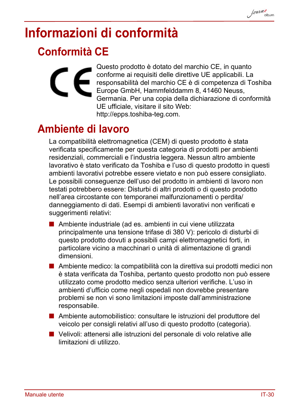 Informazioni di conformità, Conformità ce, Ambiente di lavoro | Conformità ce ambiente di lavoro | Toshiba JournE album User Manual | Page 223 / 354