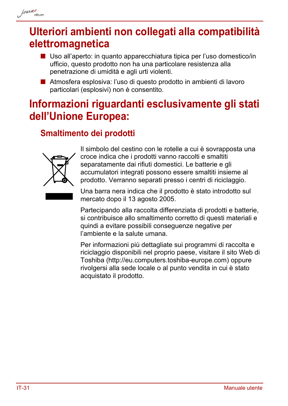 Smaltimento dei prodotti | Toshiba JournE album User Manual | Page 224 / 354