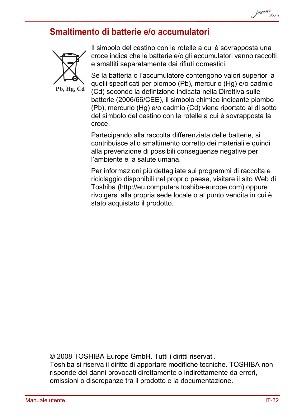 Smaltimento di batterie e/o accumulatori | Toshiba JournE album User Manual | Page 225 / 354