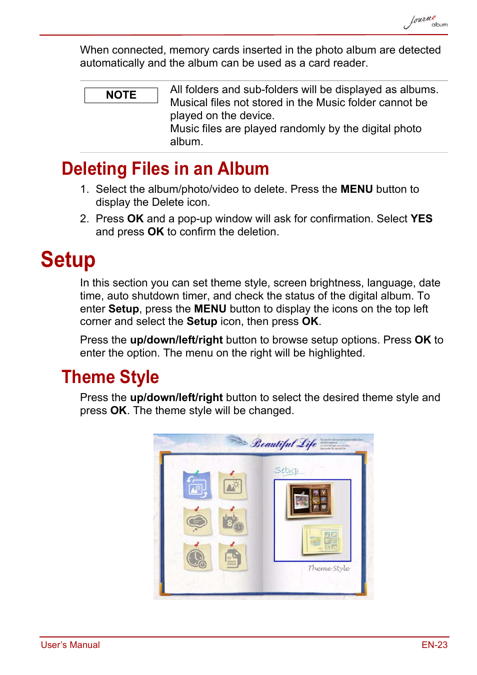 Deleting files in an album, Setup, Theme style | Toshiba JournE album User Manual | Page 23 / 354