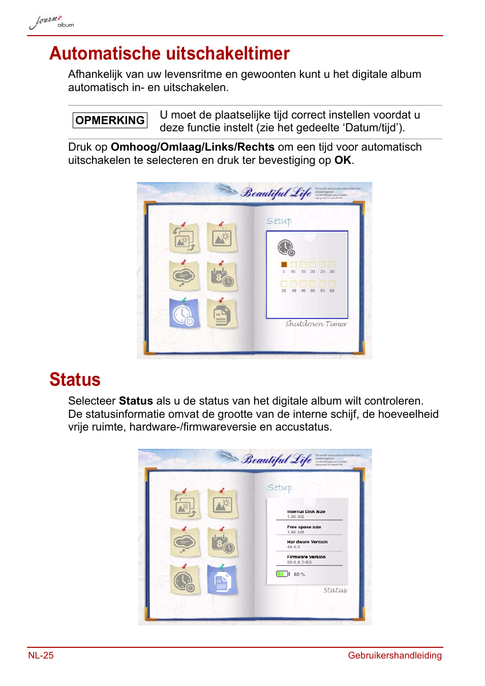 Automatische uitschakeltimer, Status, Automatische uitschakeltimer status | Toshiba JournE album User Manual | Page 250 / 354